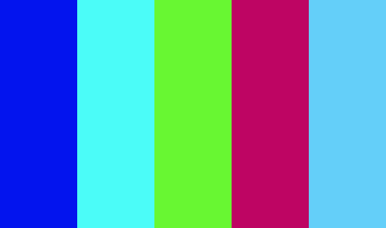 palette_gen's tweet photo. Surf rock 
 #0314ee #4bfcf8 #68f732 #be0563 #64cff9 https://t.co/KHZCpOQZh0