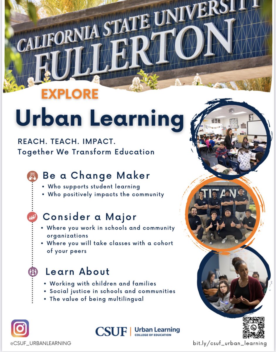 If you are interested in giving back to the community, making positive changes in education and social justice, check out our new Urban Learning major! Applications for Fall 2024 open this fall! Click the link below for more info 👇
ed.fullerton.edu/undergraduate-…