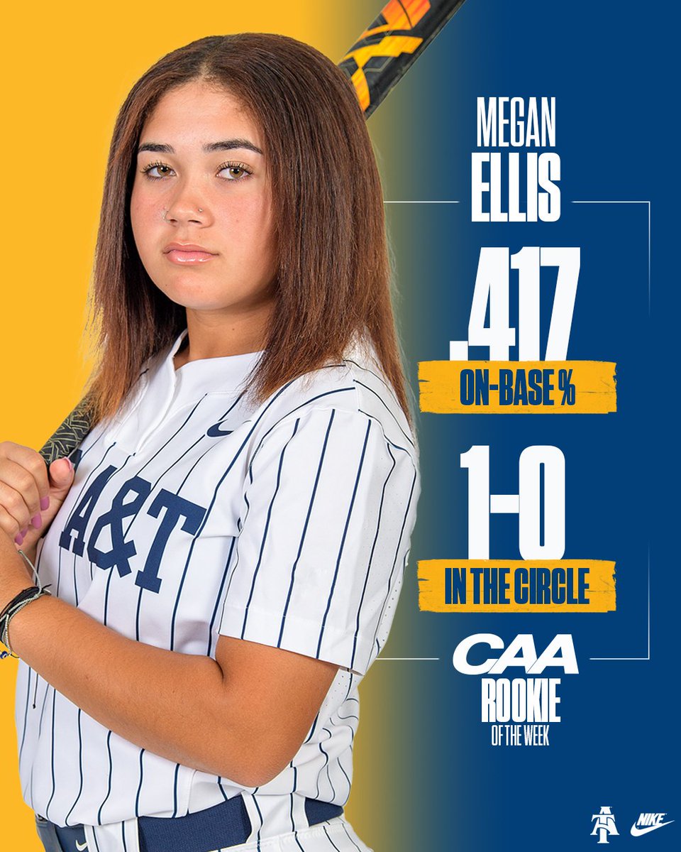 Congratulations to <a href="/NCATSOFTBALL/">The Official NC A&T Aggie Softball</a> utility player Megan Ellis on winning <a href="/CAASports/">Coastal Athletic Association</a> rookie of the week. #NCATAGGIESFOREVER #AGGIEPRIDE <a href="/NCATAGGIES/">N.C. A&T Athletics</a>