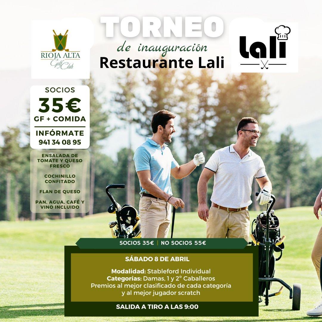 Con  motivo de la inauguración del nuevo restaurante en el club hemos  preparado este torneo con comida para que vengas a conocer una de las  especialidades de nuestro Chef Lali, el cochinillo confitado, deshuesado  y elaborado a baja temperatura; un verdadero manjar.