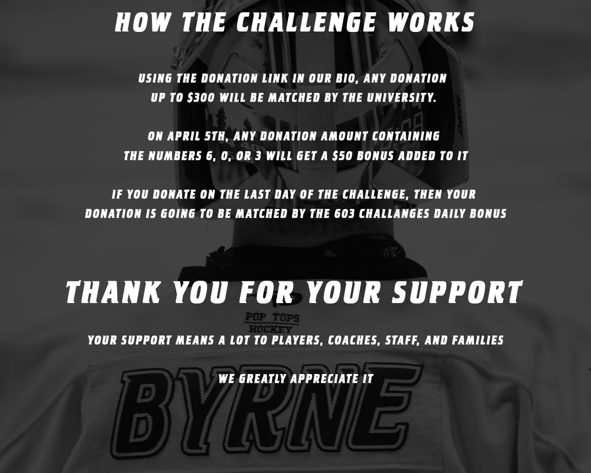 The 603 Challenge is upon us! Use the following link to help support our program. We greatly appreciate your support! When donating make sure to select the designation as Men’s Ice Hockey Club. givecampus.com/8r4xiy