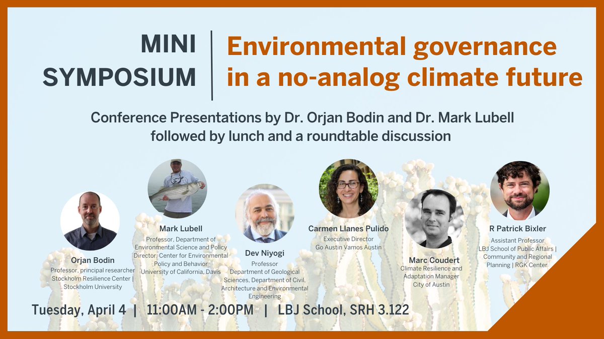 Planet Texas 2050 (@planet_tx) on Twitter photo Looking forward to the conversations on environmental governance tomorrow!
<a href="/TheLBJSchool/">The LBJ School</a> @rpbixler <a href="/GoAustinVamos/">Go Austin/Vamos Austin (GAVA)</a> <a href="/niyogidev/">Dev Niyogi</a> <a href="/OrjanBodin/">Örjan Bodin</a> <a href="/sthlmresilience/">Stockholm Resilience Centre</a> <a href="/EnvPolicyCenter/">Mark Lubell</a>
Learn more and register: tinyurl.com/3nd2m2j9 Looking forward to the conversations on environmental governance tomorrow!
<a href="/TheLBJSchool/">The LBJ School</a> @rpbixler <a href="/GoAustinVamos/">Go Austin/Vamos Austin (GAVA)</a> <a href="/niyogidev/">Dev Niyogi</a> <a href="/OrjanBodin/">Örjan Bodin</a> <a href="/sthlmresilience/">Stockholm Resilience Centre</a> <a href="/EnvPolicyCenter/">Mark Lubell</a>
Learn more and register: tinyurl.com/3nd2m2j9