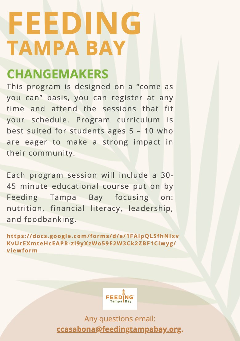 Learn more about the Changemakers! <a href="/FeedingTampaBay/">Feeding Tampa Bay</a> 
~
 #eme4390S23 #community