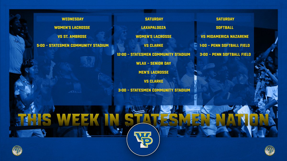 🚨This Week in Statesmen Nation!   
Wednesday - 🥍
Saturday - 🥍🎓🥎🥍🥎

🎟️ - statesmenathletics.com/ticketing