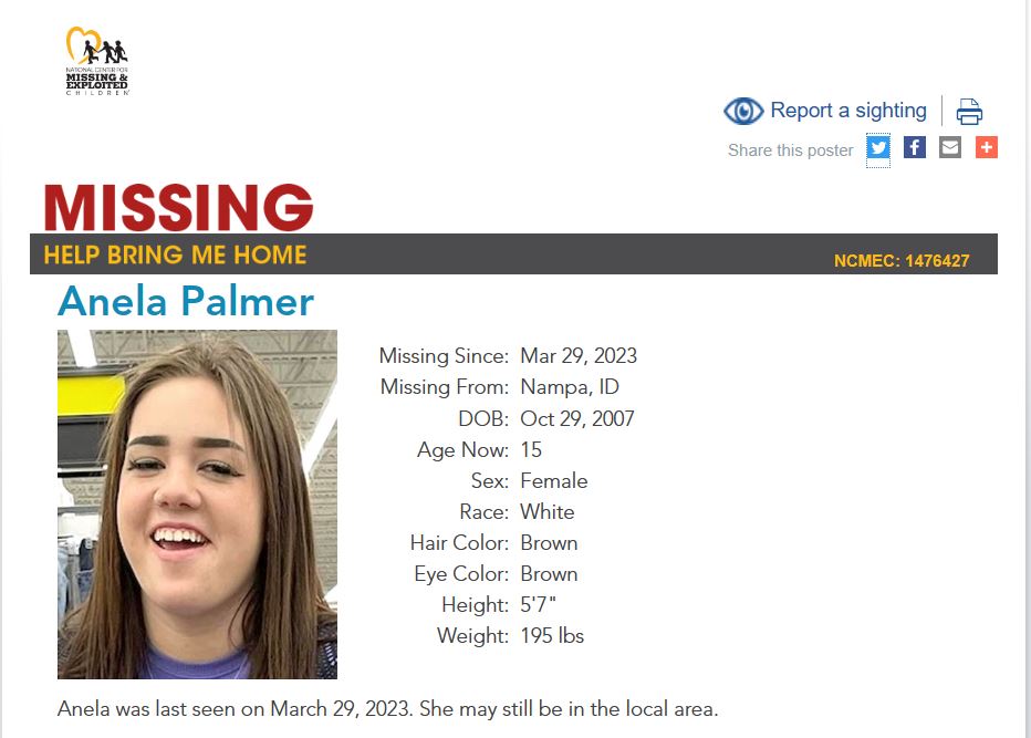 #Missing #MissingPerson #MissingPersonAlert #MissingChild #MissingChildAlert #MissingJuvenile #HelpFindMe #MissingPosterMonday 
#AnelaPalmer 
#Idaho  #Nampa #NampaIdaho