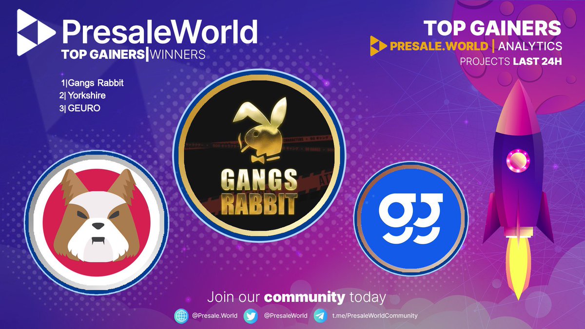 bardyltheking's tweet image. TOP GAINERS📈 in the last 24H on @PresaleWorld‼️

1. @GangsRabbit7777 • #GANGSRABBIT
2. @SHIBAINUYORKIE • $YORKIE
3. @GameGuruToken • $GEURO
4. @Panthera_AI • $AIP
5. @AvatarMusk • #AMV

#crypto #BSCGems #BUSD #Binance #Ethereum #presaleworld #USDT #usdt        

$PW 🌍💙