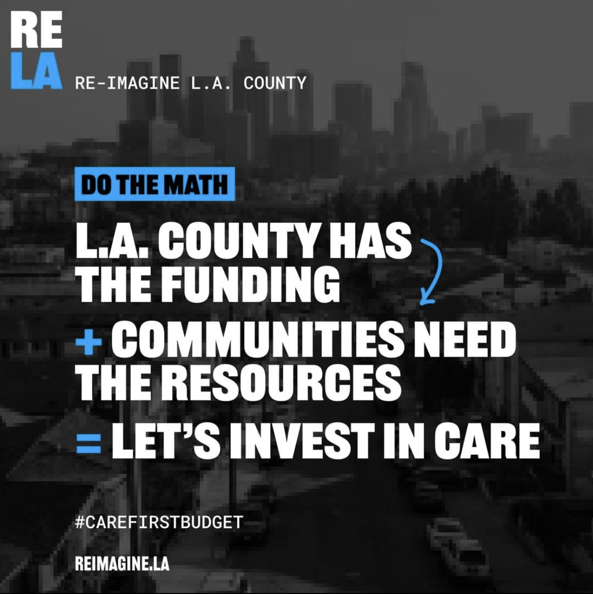 2 weeks ago, @LACountyCEO stated that the county would be allocating only $88M toward #CareFirst Community Investment this year. This is a drop in the bucket of the county’s overall $44B budget! WE NEED CARE FIRST NOW! 

#YouthJusticeReimagined #CloseMCJ #ReimagineLA