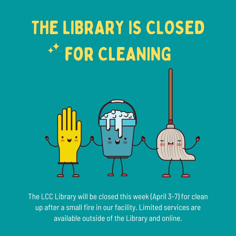 lanecclibrary's tweet photo. We're closed for cleaning this week! Some of our services are still available outside of the Library and online. Visit https://t.co/x3Nlq7lMzd for updates on the Library's status. We hope to see you soon! https://t.co/w901zE1T6Z