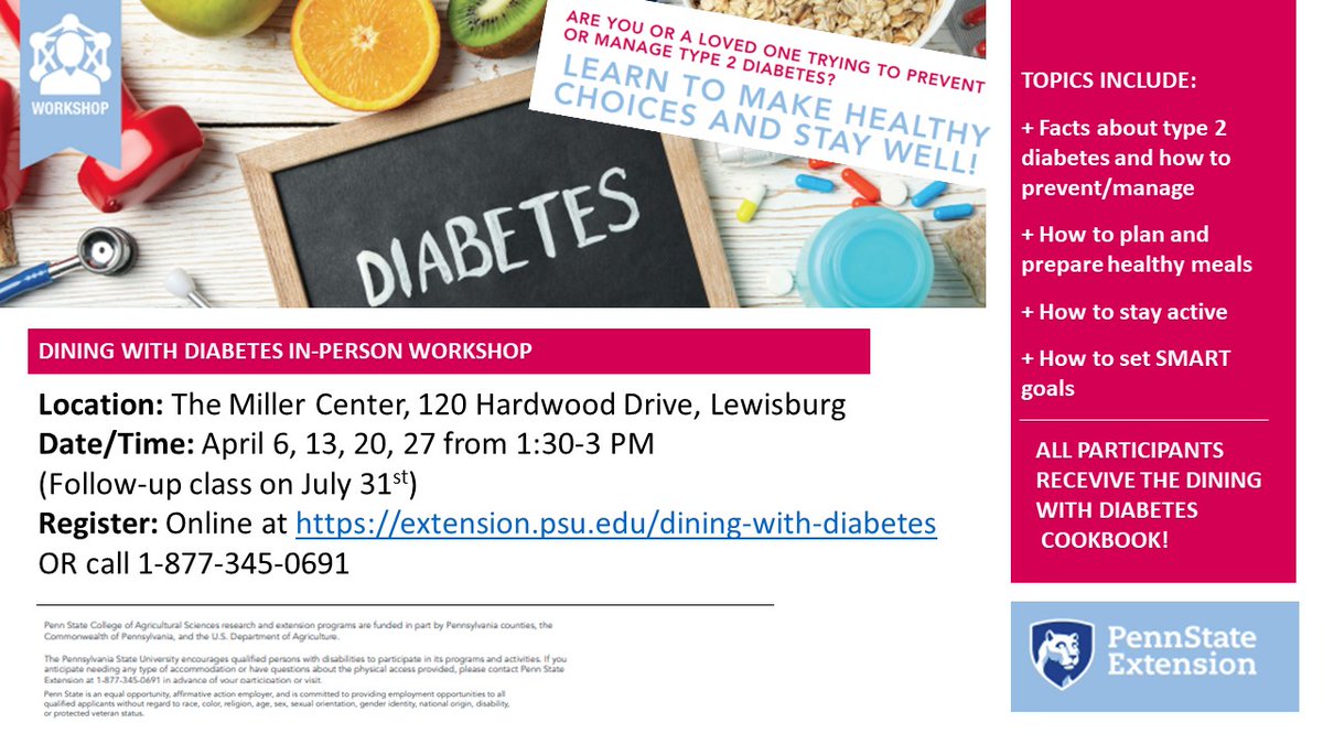 There is still time to enroll in the upcoming session of Dining with Diabetes presented by Penn State Extension and held weekly here at The Miller Center. Call 1-877-345-0691 or visit: 
extension.psu.edu/dining-with-di…