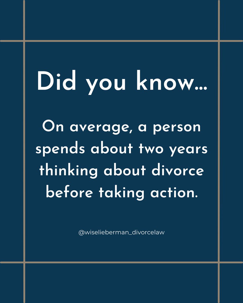 WiseLieberman's tweet photo. Did you know...

On average, a person spends about two years thinking about divorce before taking action.

If you've been thinking about making the first step towards divorce, schedule your confidential consultation today. https://t.co/r18Xu1oIt5