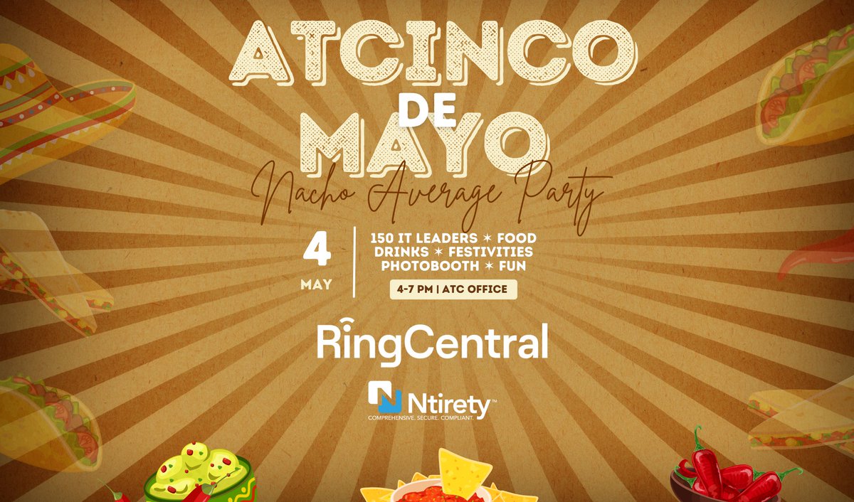 atc_technology's tweet image. Join us on May 4th for a crowd favorite, ATCinco de Mayo!  A special shoutout to @RingCentral and @ntirety for supporting this festive event and making it possible! Register today to be a part of the fun! 🎉
hubs.li/Q01K1dGv0
#voicenetworkcloudsecurity #ATCincoDeMayo23