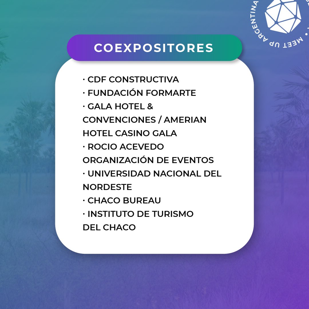 #DestinoSede Chaco va a ser parte de #MeetUpArgentina presentando su propuesta institucional y una selección de destinos y proveedores que podés conocer en la segunda placa.

⚠️El jueves 20 11 hs en el Espacio Meet Up conocé la presentación del destino
<a href="/turismochaco/">Destino Chaco</a> <a href="/BureauChaco/">Chaco Bureau</a>