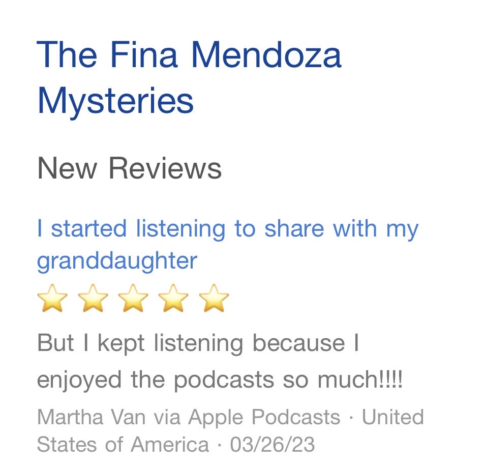 Thanks for the terrific review, Martha! ⁦<a href="/finamysteries/">Fina Mendoza Mysteries podcast</a>⁩