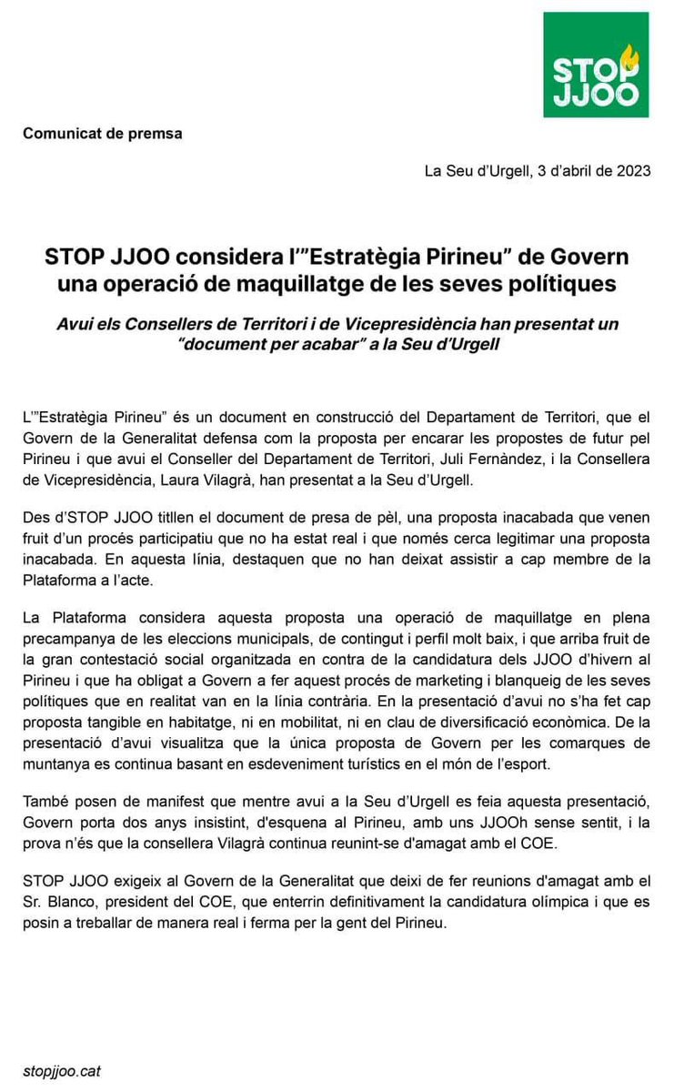 lasecarockeria's tweet photo. Ja n'hi ha prou de tanta opacitat! Al #Pirineu tenim dret i volem saber quins plans té @govern per a la nostra gent. #StopJJOO https://t.co/nkE0MJUBOE