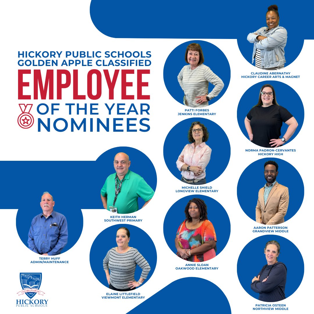 hickoryschools's tweet photo. Congratulations to our Hickory Public Schools Golden Apple Classified Employee of the Year Nominees. These staff members were nominated by their peers and/or supervisor to represent their school/location. #HPSMovingForwardTogether https://t.co/en9Jaejcjf