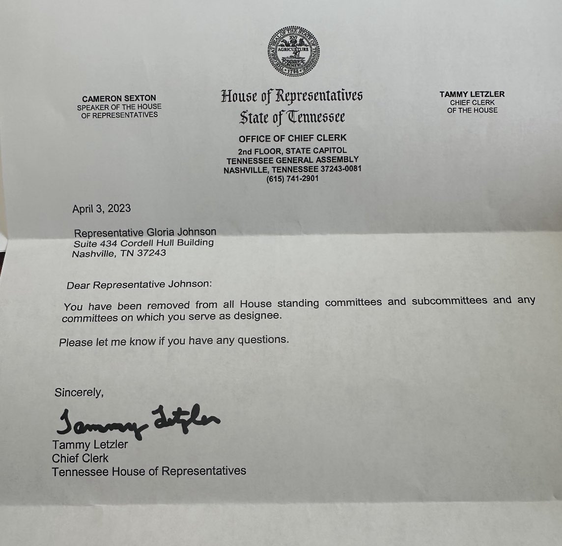 TheTNHoller's tweet photo. Rep. @VoteGloriaJ has been kicked off of all committees for speaking up in the well — as has @brotherjones_ 

They are currently sitting in Gov ops anyway https://t.co/yfxIwe3bq1