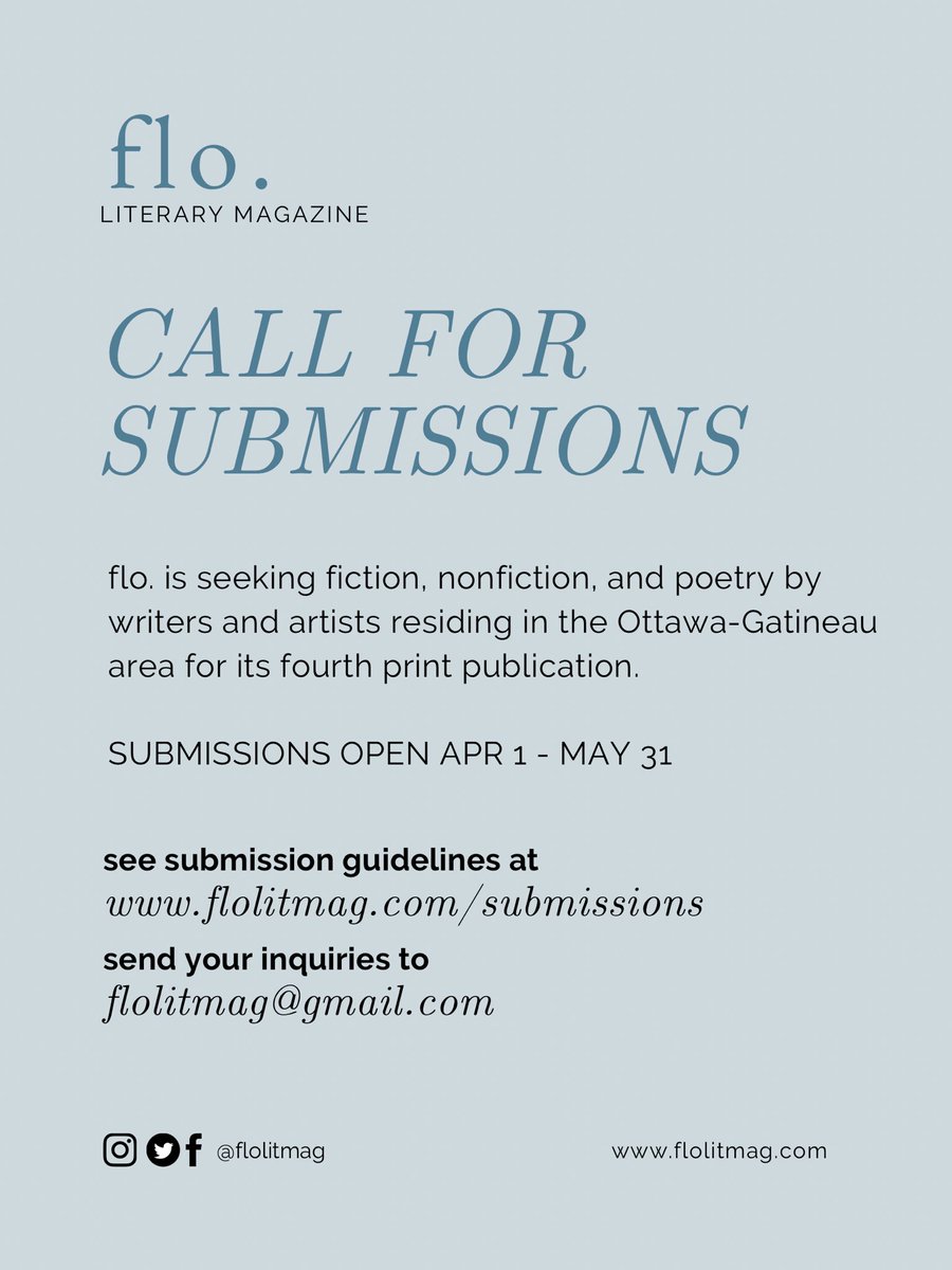 🌷 WE ARE OPEN FOR SUBS! 🌷
flo. is seeking work by writers residing in/having a connection to the Ottawa-Gatineau region for our UNTHEMED fourth print publication.

Check our website (link in bio) for our submissions guidelines.