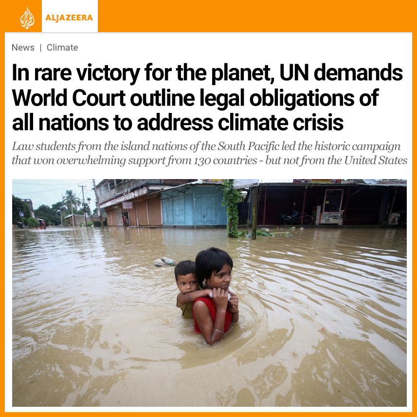 BREAKING: In a big win for the planet, 130 countries have voted to ask the World Court to outline the legal obligations of all nations to address the climate crisis. The ruling will likely turbocharge climate lawsuits all over the world.

Serious progress.
aljazeera.com/news/2023/3/29…