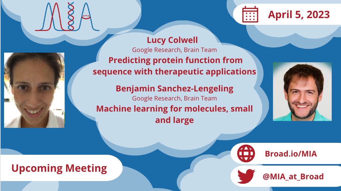 Models, Inference & Algorithms at Broad (@mia_at_broad) on Twitter photo MIA Spring ‘23 Speaker Series
⏰ April 5, 9AM EST
💬 Lucy Colwell, Benjamin Sanchez-Lengeling <a href="/beangoben/">Ben Sanchez-Lengeling</a>
💡Primer: Intro to machine learning for molecules
💡Seminar: ML to predict protein function from sequence ...
📬 Join our mailing list to get the talk link!
#BroadMIA MIA Spring ‘23 Speaker Series
⏰ April 5, 9AM EST
💬 Lucy Colwell, Benjamin Sanchez-Lengeling <a href="/beangoben/">Ben Sanchez-Lengeling</a>
💡Primer: Intro to machine learning for molecules
💡Seminar: ML to predict protein function from sequence ...
📬 Join our mailing list to get the talk link!
#BroadMIA