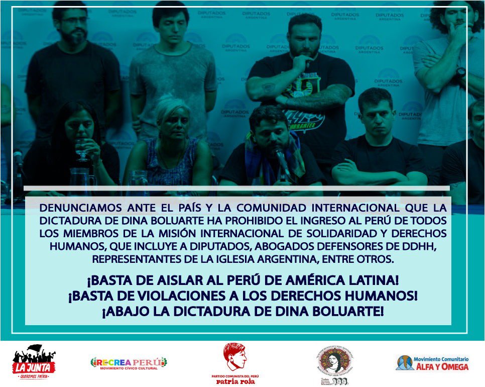LaJunta20's tweet photo. Diversas organizaciones peruanas denunciamos ante el país y la comunidad internacional la prohibición de ingreso a miembros de la @MisionDdhh al Perú. El régimen dictatorial de Dina Boluarte, nos aísla e impone la censura para que el mundo no sepa de sus crímenes. https://t.co/ADKLbbZc3u