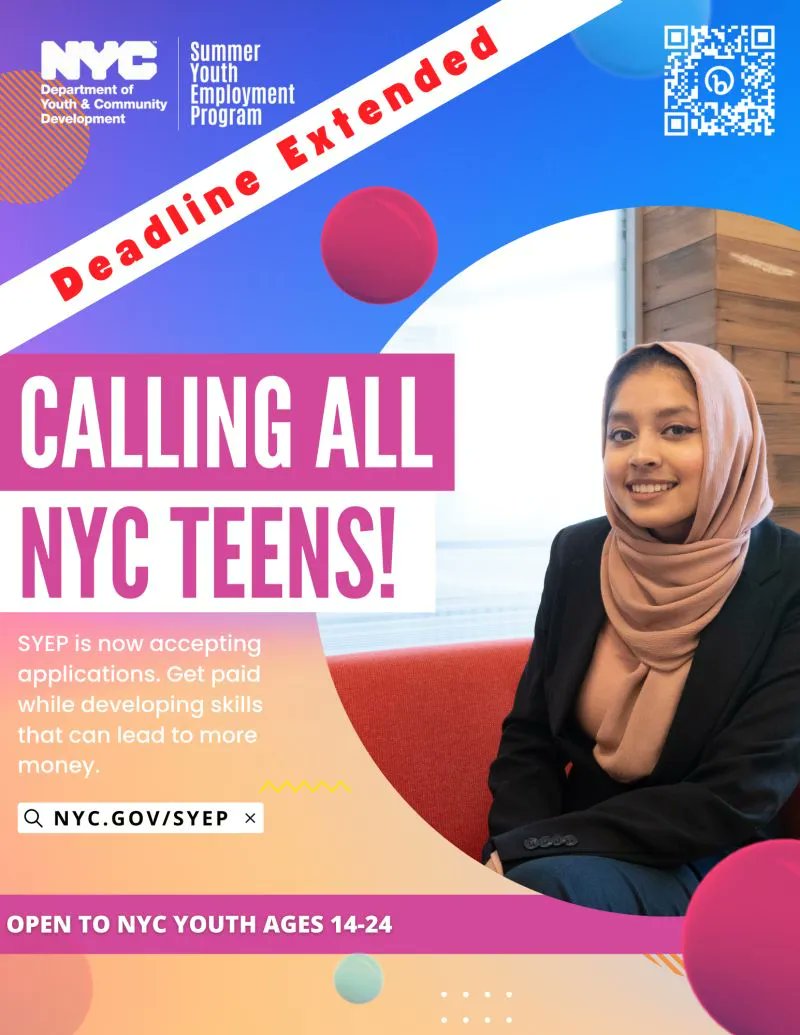 CMAlexaAviles's tweet photo. Due date extended! The Summer Youth Employment deadline to submit applications has now been extended to April 14, 2023. Apply online at https://t.co/xZFbjc6DkV!

Need help applying? Contact our office at 718-439-9012 for more information. https://t.co/pU6aXZ3TpO