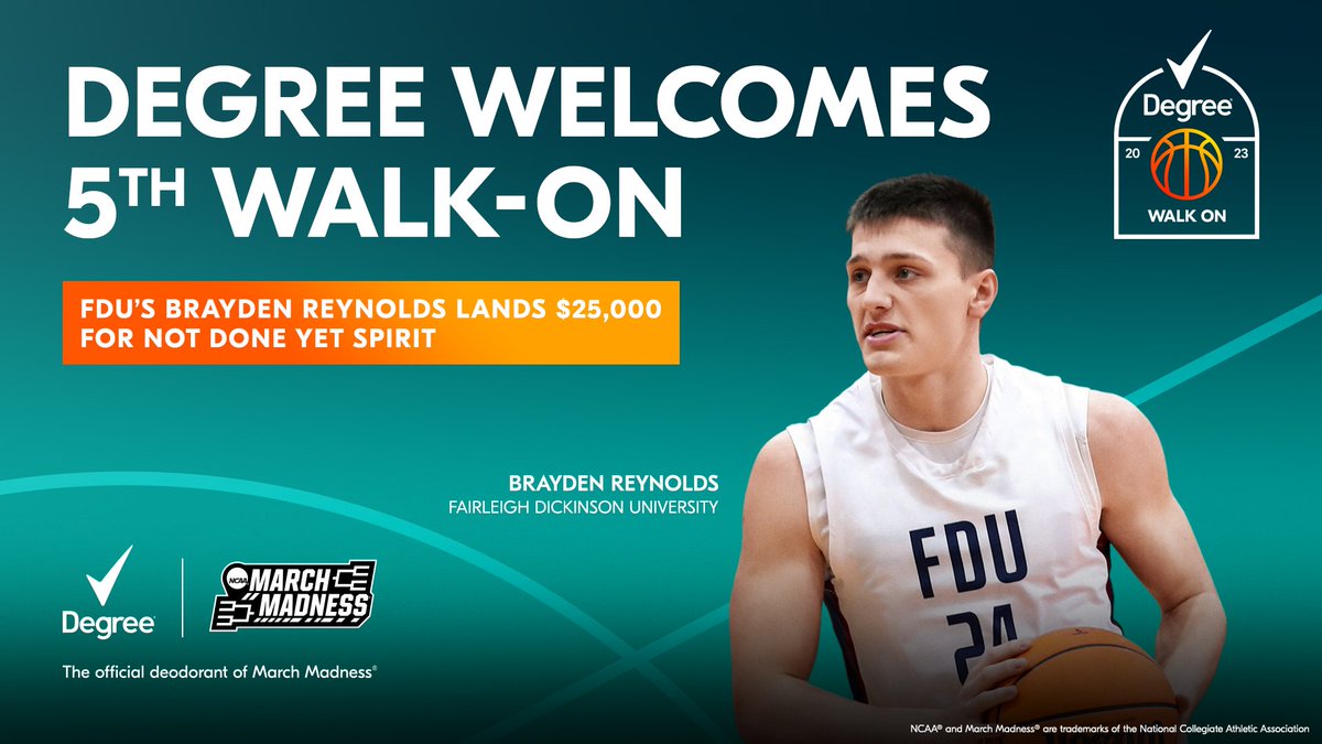 Excited to announce that @Degree's 5th Walk-On winner is @BraydenReynolds5 from @FDUKnightsMBB. He’s got the true #NotDoneYet spirit, and I look forward to seeing his future achievements. Learn More: bit.ly/3F1bKwm  #DegreePartner