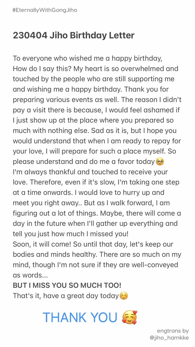 jiho_hamkke's tweet photo. [TRANS] 230404 #Jiho Birthday Letter:

❝Maybe, there will come a day in the future when I'll gather up everything and tell you just how much I missed you!❞

#HAPPYJIHODAY #해피지호데이
#EternallyWithGongJiho
#GongJiho #지호 #공지호 https://t.co/Hw7Gpj9YRh