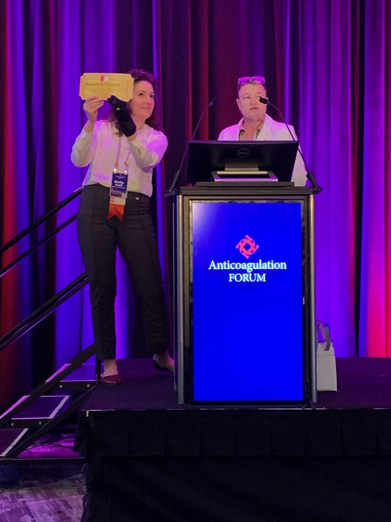 NCBAP Board President Kelly Rudd &amp; <a href="/AnticoagForum/">Anticoagulation Forum</a> President/NCBAP Board Member 
@aburnett_PharmD
 award the Golden Ticket for complementary #CACP recertification at the #ACForum23!

Congratulations to our Winner: 
<a href="/jillianraeud/">Jillian Dougherty PharmD CACP</a>