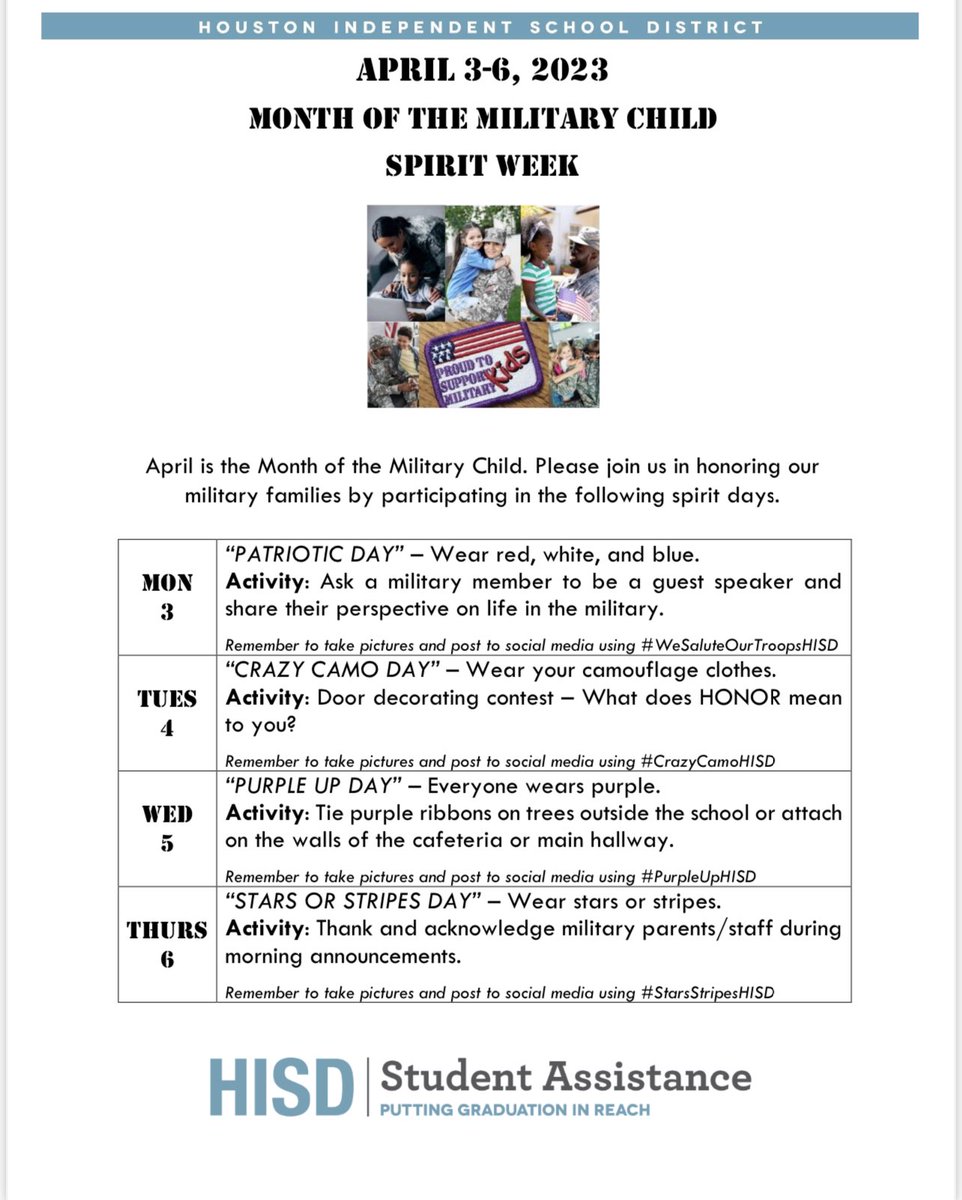 April is the Month of the Military Child. Please join us in honoring our military families by participating in the Month of the Military Child Spirit Week.