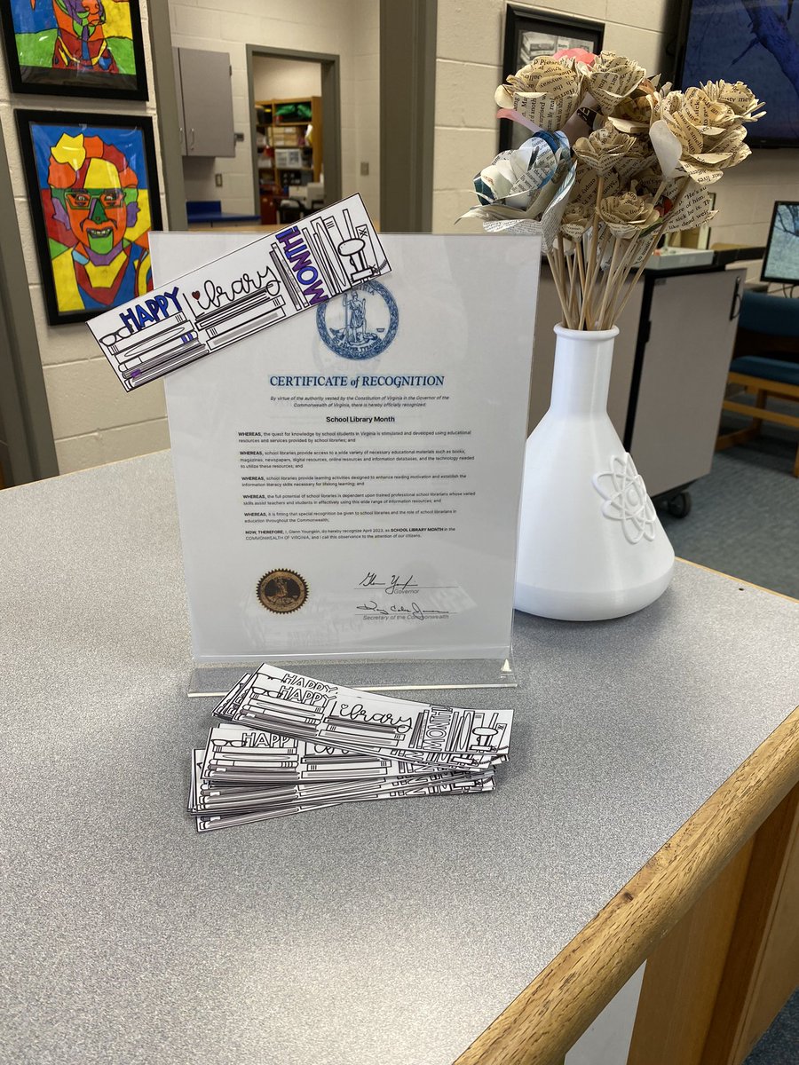 April is School Library Month! Thank you, Governor Youngkin for recognizing our essential role! Every student deserves access to a school library! Thanks to thatlibrarygirl.net for the printable bookmarks! #VAASLSmallSteps
