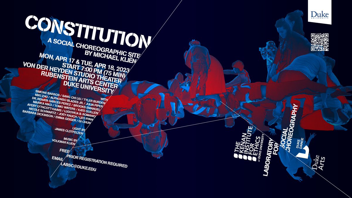Join the Laboratory for Social Choreography for 'Constitution' on April 17 and 18. This participatory work explores alternatives to dominant modes of moving and relating, making it possible to face the significant civilizational challenges of our times. duke.is/b6mnx
