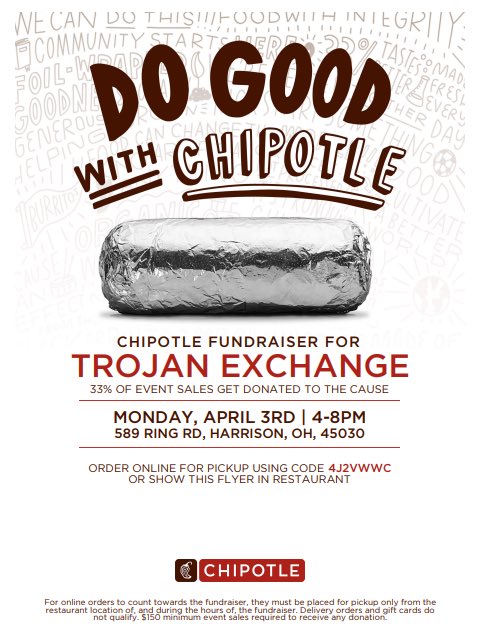 ECHSBPA's tweet photo. Visit Chipotle tonight from 4-8 to help raise money for Trojan Exchange &amp; BPA! https://t.co/dbNsSkvW87