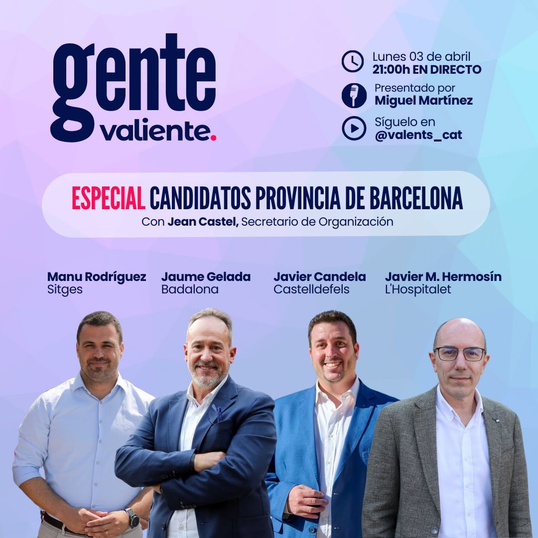 valents_cat's tweet photo. A las las 21:00 nuevo episodio de 'Gente Valiente' especial candidatos provincia de Barcelona 

Síguelo aquí: https://t.co/VULSd0UxxI

Un programa con @GironaJean, @Manu_Sitges, @GeladaJaume, @javiercanderod y @jmhermosin, presentado por @MiguelMV1984 

#GenteValiente https://t.co/wKLKgUQF31