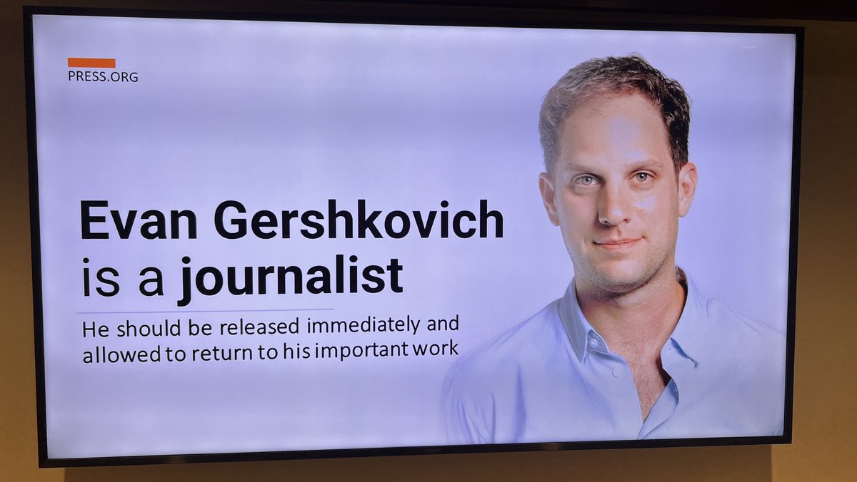 lorirusso's tweet photo. Journalism is not a crime. The lobby of @PressClubDC now has this photo of Evan Gershkovich in addition to the one of Austin Tice. @paulwsj @WSJ #FreeEvan #FreeAustinTice https://t.co/qFtf4VwUX6