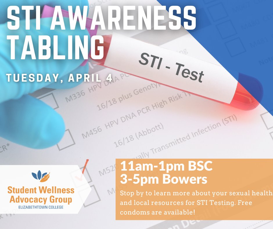 EtownRecWell's tweet photo. April is STI (Sexually Transmitted Infections) Awareness Month.  Join GSA &amp; SWAG in the BSC Concourse on Tuesday, April 4 for information about STI prevention, local testing sites and test your knowledge with STI trivia.  Free condoms, giveaways and a raffle will be available. https://t.co/L010brDpog