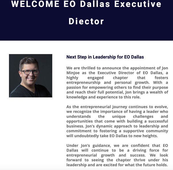Minjoe's tweet photo. EO Dallas is an organization that has poured so much into me throughout my entrepreneurial journey. Now, I'm excited to return that favor as I step into the role of Executive Director within the organization. The sky is the limit for our chapter, and I can't wait to get started! https://t.co/81BKgrIYi8