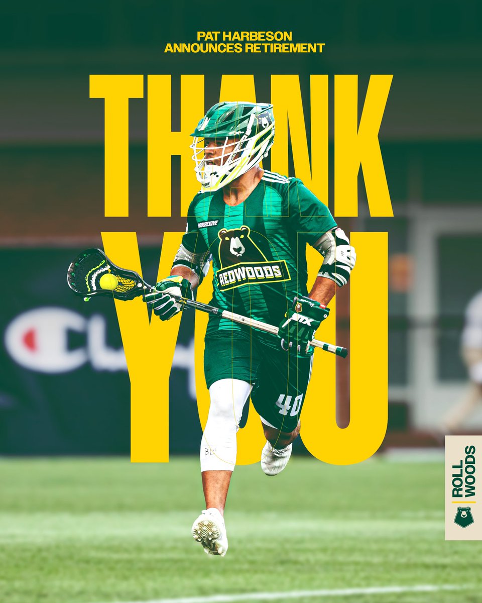 PLLRedwoods's tweet photo. Thank you, Pat! 👏

After eight years in professional lacrosse, Pat Harbeson has announced his retirement. 

Thank you for being a dedicated player and teammate. Forever a Redwood. 🐻 https://t.co/v3NvXhWyEn