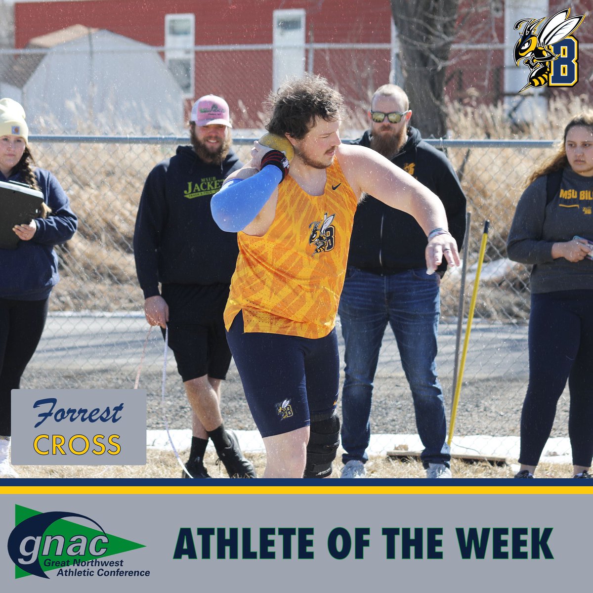 GNAC Athlete of the Week‼️

Forrest Cross is named the GNAC Track &amp; Field Athlete of the Week! Forrest finished last weekend’s meet with two 1st place finishes and one 2nd place finish!

Hammer: 48.52m (159’ 2”)🥇
Discus: 46.57m (152’ 9”)🥇
Shotput: 15.71m (51’ 6.5”)🥈

#MSUBTF
