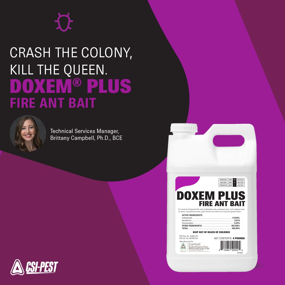 csi_pest's tweet photo. NOW AVAILABLE 📢
DOXEM Plus Fire Ant Bait!
Learn more about DOXEM Plus from the CSI Pest Product Development team!
#BaitNWait #FireAnts #DoxemPlus #SeasonLongControl #PestControl
Read more >> https://t.co/BjVgCEWB5F https://t.co/RqlMBs54Be