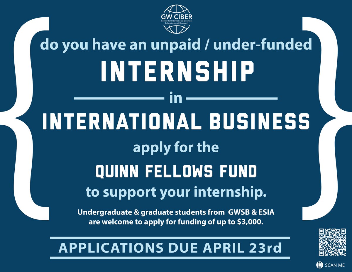 GWSB &amp; Elliott School students with unpaid internships in international business - apply to the Quinn Fellows Fund! 
business.gwu.edu/CIBER/QuinnFel…

<a href="/GWSBFowler/">F. David Fowler Career Center</a> <a href="/gwbusiness/">The GW School of Business</a> <a href="/AnnaHHelm/">Anna H. Helm</a> <a href="/gwUBA/">GW UBA</a> <a href="/GWMBAA/">GW MBA Association</a> <a href="/ElliottSchoolGW/">The Elliott School</a> <a href="/ElliottGRADvise/">Elliott School Grad</a> <a href="/ElliottUGAdvise/">Elliott School UG</a> 
<a href="/gwUBA/">GW UBA</a> <a href="/GWMBAA/">GW MBA Association</a> <a href="/GWWIB/">GW Women In Business</a> @GWSBglobal