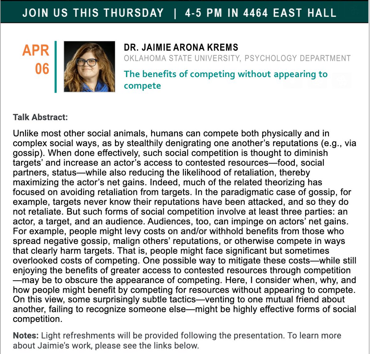 Happy Monday! Join us this Thursday for the penultimate EHAP Talk of the Winter Series. We are excited to hear from @JaimieKrems, who will be presenting the benefits of competing without appearing to compete. Check out the abstract below: