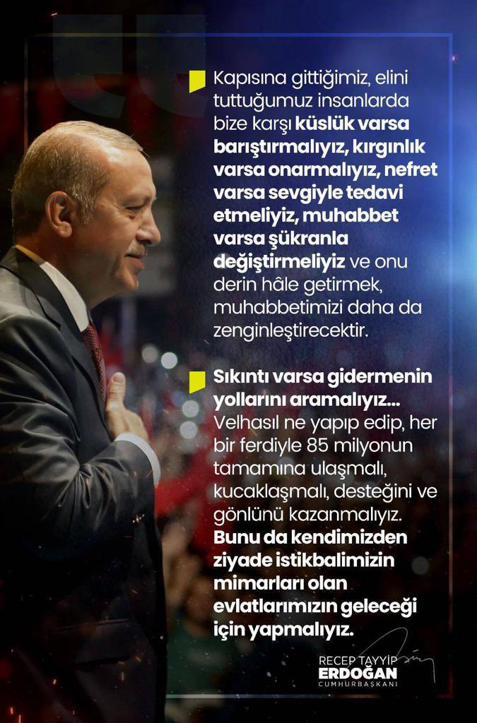 #MilletinAdamı <a href="/RTErdogan/">Recep Tayyip Erdoğan</a>:

"Kapısına gittiğimiz insanlarda bize karşı küslük varsa barıştırmalıyız, kırgınlık varsa onarmalıyız, nefret varsa sevgiyle tedavi etmeliyiz, muhabbet varsa şükranla değiştirmeliyiz. Onu derin hâle getirmek, muhabbetimizi daha da zenginleştirecektir"