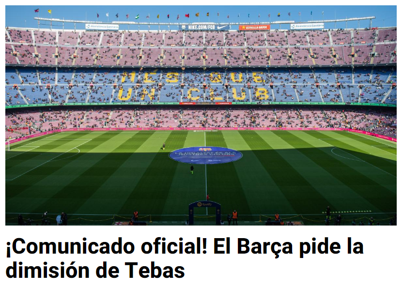 CuentaMister's tweet photo. Como tiene que ser @JoanLaportaFCB ! El BARÇA hace un comunicado oficial PIDIENDO LA DIMISIÓN de @Tebasjavier por intentar vincular a exdirectivos del Barça y al Barça en el caso SOULE ante la Fiscalía.

#TebasDimision #TebasOut https://t.co/yJX3UgnsW0