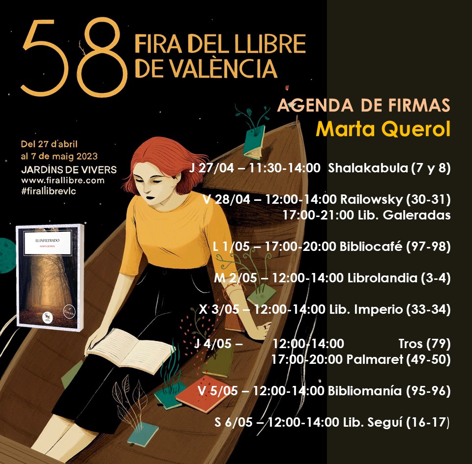Empieza la marcha. Ya tengo la agenda de firmas para la <a href="/firallibrevlc/">Fira del Llibre de València</a> Hay donde elegir 😊 Estaré con "El infiltrado" (<a href="/Ed_Sargantana/">Editorial Sargantana</a> ) y con mis novelas anteriores.