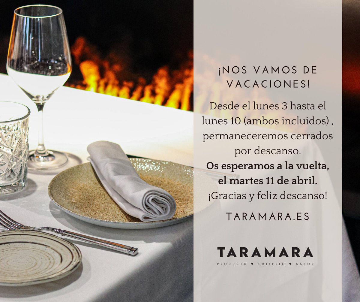 Todo el equipo de Taramara os desea unas felices vacaciones de Semana Santa. Nosotros nos tomamos unos días de descanso , el martes 11 de abril os esperamos!!

#taramara #madrid #semanasanta
