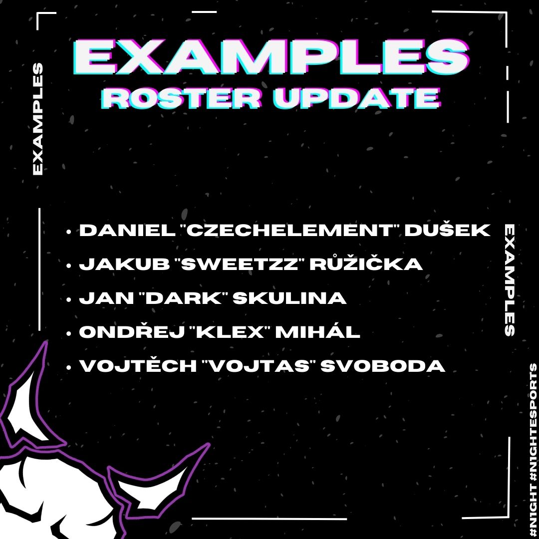 Examples new roster 🔥
Please welcome new players to Examples!

- Daniel "CzechElement" Dušek
- Jakub "sweetzz" Růžička
- Jan "darK" Skulina
- Ondřej "Klex" Mihál
- Vojtěch "Vojtas" Svoboda

Year 2023 is ours!