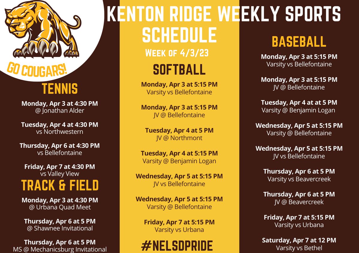 ⚾ 🥎 🏃🏃🎾 Here is the list of spring 🌱 athletic events currently scheduled for the week starting Monday, April 3, 2023.

#NELSDpride #CougarsRoar #JetsSoar