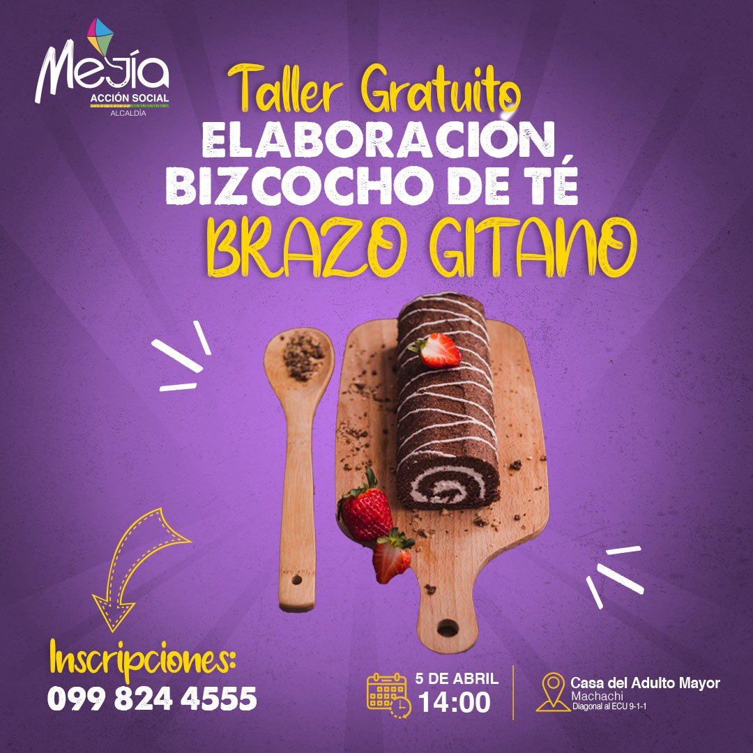 ¿Quién se apunta? El miércoles aprenderemos hacer bizcochos de té y brazo gitano. 🤤

📌 Casa del Adulto Mayor - Machachi
📲 Info e inscripciones 099 824 4555 

#LoHacemosPorTiMejía  💛💚