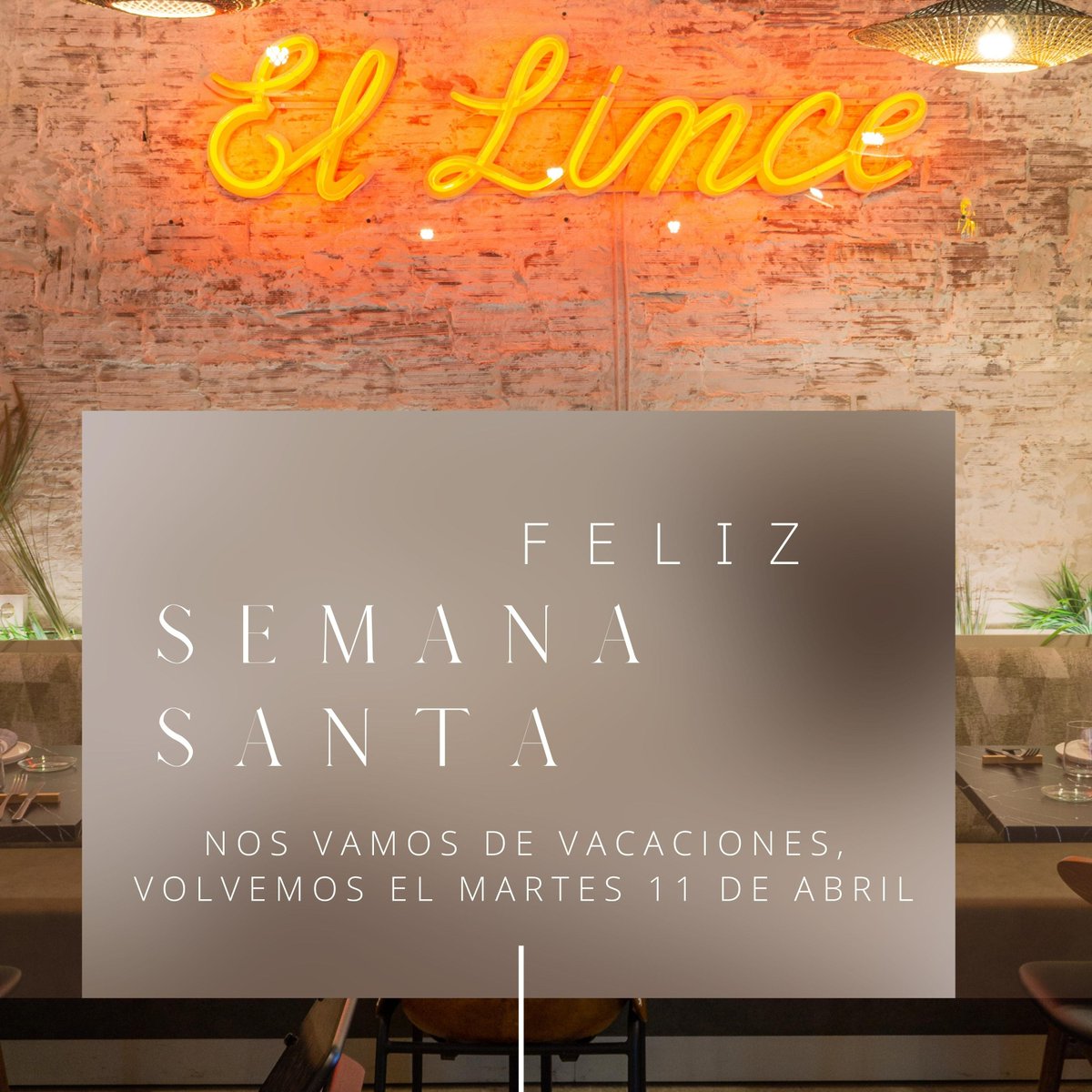 Llega la Semana Santa y en El Lince tomamos unos días de descanso. El martes, 11 de abril, #VuelveElLince con más ganas que nunca por compartir con vosotros buenos momentos.

#ElLince #Madrid #SemanaSanta