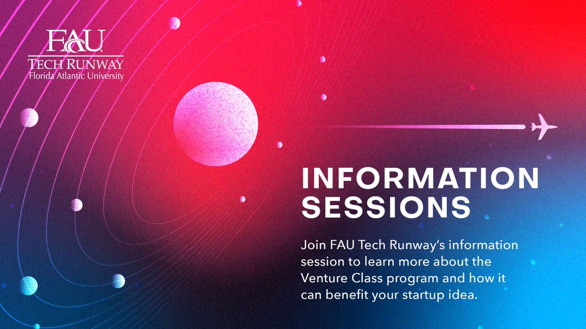 Planning to apply to @FAUTechRunway Venture Program? Join us for an information session where we can answer any question you may have before applying.
April 4 at noon | bit.ly/40xAXaB
April 5 at 9 a.m. | bit.ly/40RUHFC
April 6 at 4 p.m. | bit.ly/3nFMgPi